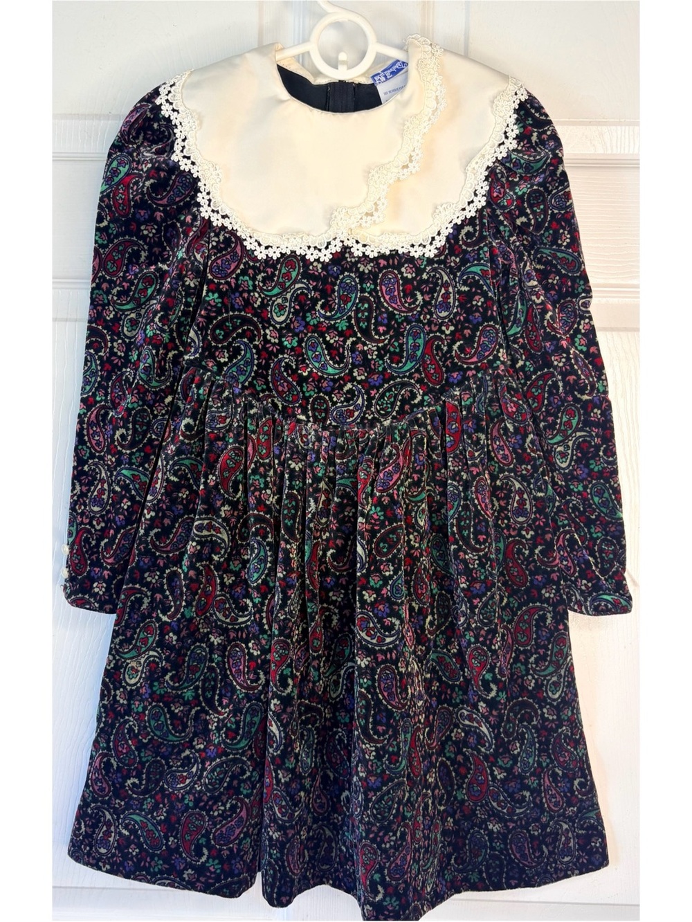 Polly Flinders Girls Long Sleeve Paisley Velvet Victorian Dress With Collar 6